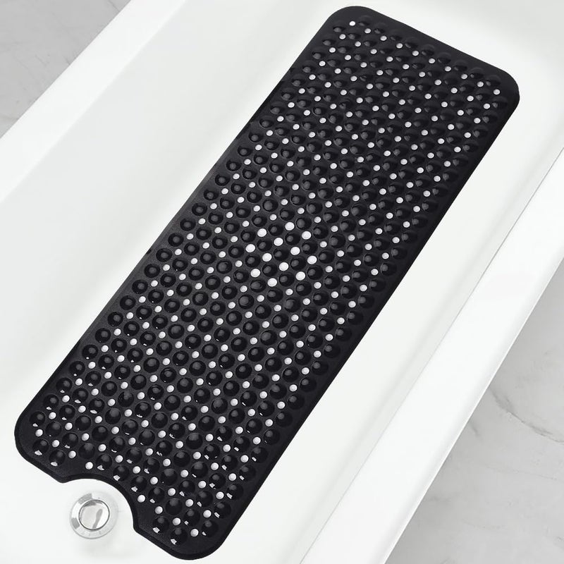 Linoows Bathtub and Shower Mats  40x16 Inch Extra Large Non Slip Soft Bath Tub Mat with Suction Cups and Drain Holes for Bathroom Floor and Keep Tubs Clean  Machine Washable  Black - Image 1